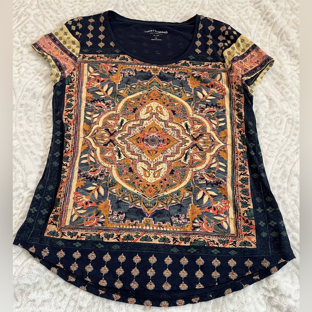 Lucky Brand Navy and Orange Boho Short Sleeve Top